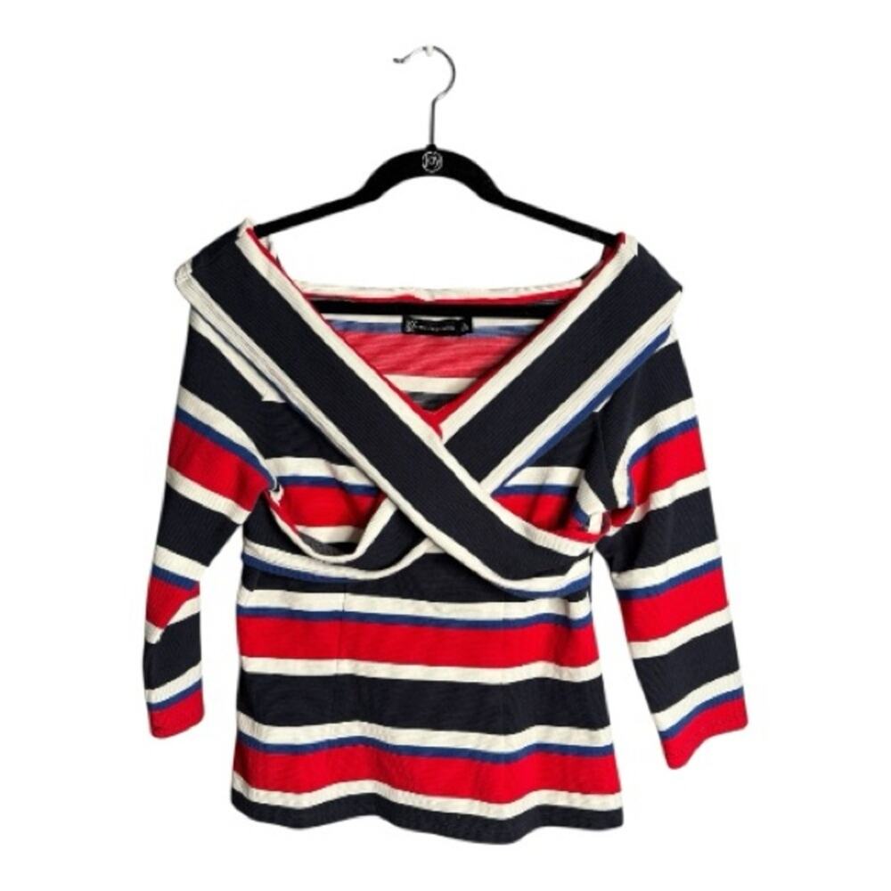 New York & Company Red Navy Striped Side Zip Top Large